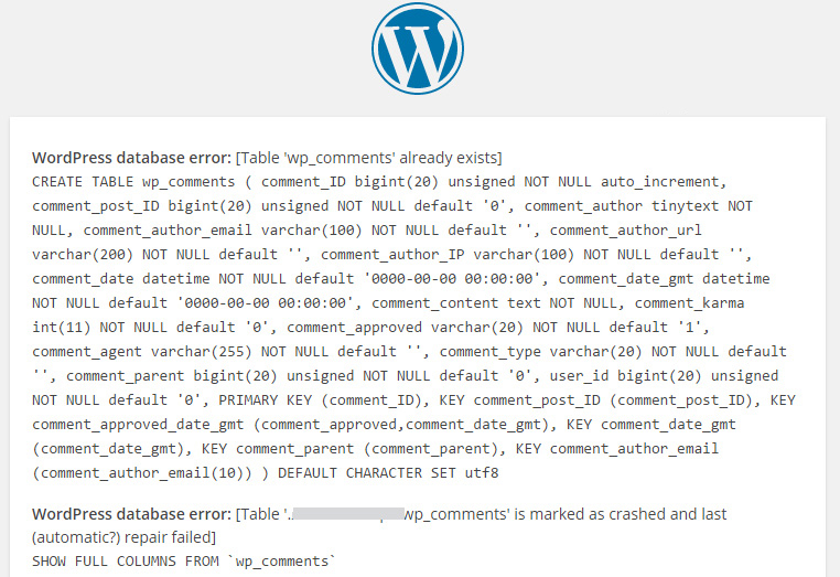Kết quả hiển thị lỗi trên WordPress